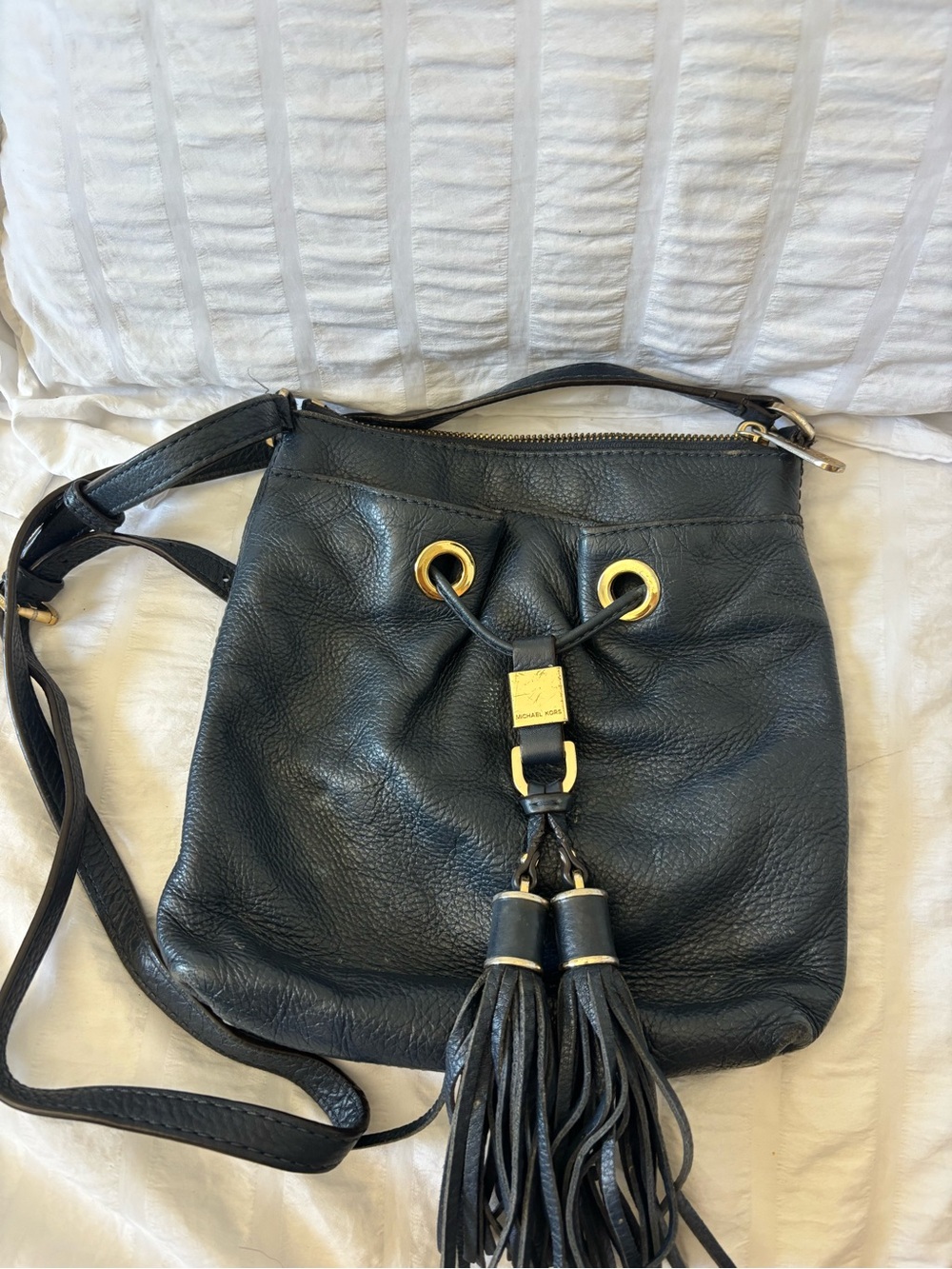Michael Kors Black Leather Tassel Drawstring Crossbody with Gold Hardware